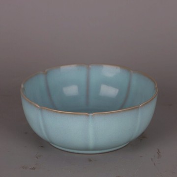 宋汝窯天青釉葵口蓮花碗 仿古瓷器五大名窯原礦支釘燒制家居裝飾