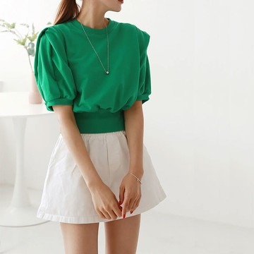 ANNAS 正韓墊肩造型短袖上衣 棉質短T 百搭素面顯瘦縮腰 韓國短袖T恤