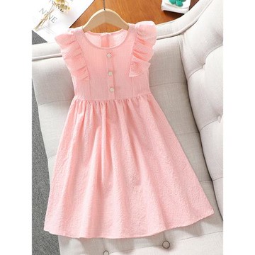 女童連衣裙夏季飛袖洋氣粉色格子公主裙夏裝純棉小香風兒童裝裙子