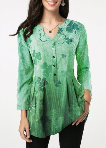 St Patricks Day Button Detail Printed Green Blouse