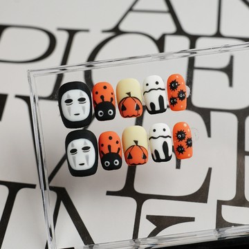 ✨Hannah✨手工穿戴甲手繪卡通無臉怪萬聖節小衆穿戴式美甲成品指甲貼片短款穿戴甲