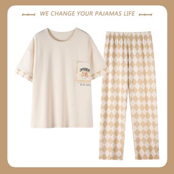 北極絨夏季睡衣女夏天純棉薄款短袖長褲可愛休閑可外穿家居服套裝