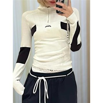 歐美冬滑雪系列小香風黑白拼色半拉鏈立領連帽針織衫氣質顯瘦上衣