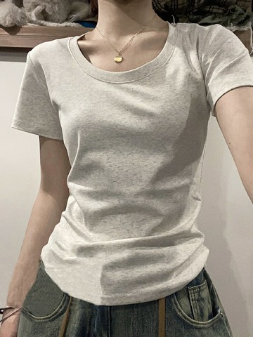 好康優選2025夏新款正肩女t恤短袖修身顯瘦U領純棉設計感小眾百搭短黑上衣