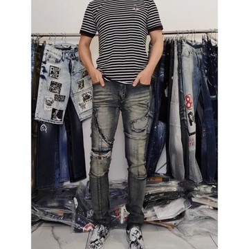 歐美時尚非主流做舊拼接毛邊水洗個性多袋彈力小腳修身牛仔褲男潮