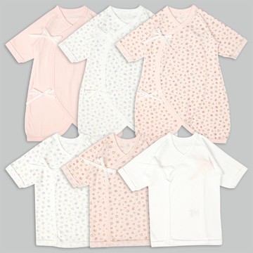 akachan honpo - 長袖新生兒內衣6件組-綁帶款 小花-粉紅色 (50~60cm)
