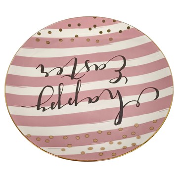Caldo卡朵生活 韓風點點金邊陶瓷點心盤 圓形 復活節  20.3 x 2cm  粉色條紋  1個