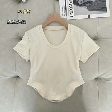 原創2022年夏修身性感心機純欲T恤奶黃色圓領常規上衣短袖女