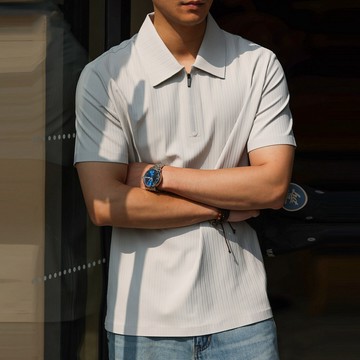 Wuluwear 夏季220g速乾豎紋肌理短袖POLO衫男休閒半拉鍊設計上衣