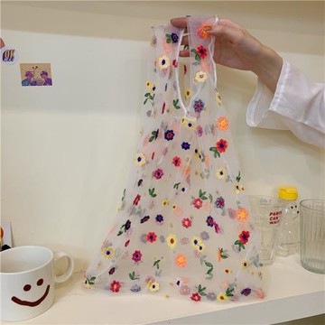 小白兔幾日系泫雅花朵網紗刺繡包仙女夏日可愛小清新透明手拎包袋