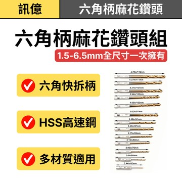 【13件組 六角柄麻花鑽頭組】 鍍鈦高速鋼HSS 鑽尾套裝 1.5-6.5mm 電鑽鑽頭 木工鑽頭 金屬鑽孔 DIY工具