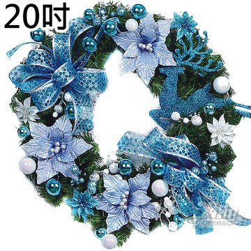 20吋成品樹圈(繽紛藍)，聖誕節/聖誕佈置/聖誕掛飾/聖誕裝飾/聖誕吊飾/聖誕花材，X射線【X104613】