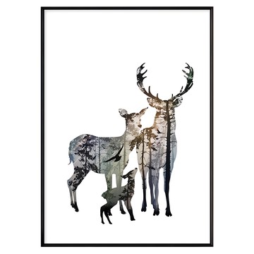 麋鹿一家  動物藝術掛畫  42 x 59.4cm  黑色