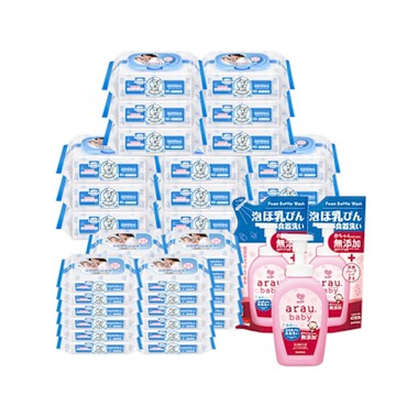 【Baan 貝恩】 保養柔濕巾80抽15包+20抽24包+愛樂寶 寶貝無添加奶嘴奶瓶清潔泡泡組500ml+450ml*2