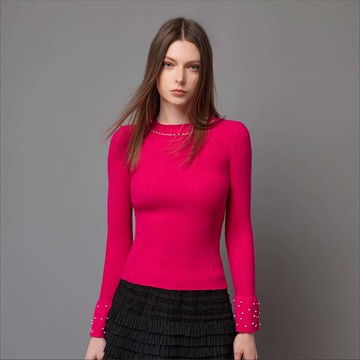 SO NICE 珍珠鏤空領口荷葉袖坑條針織上衣