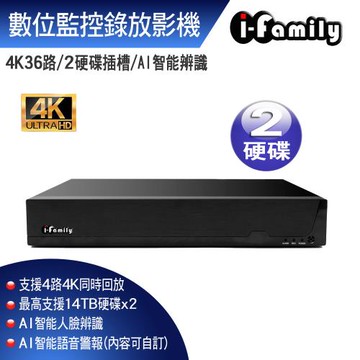 【宇晨I-Family】4K 36路 支援雙硬碟 AI智能辨識 NVR主機 兩年保固 數位監控錄放影機
