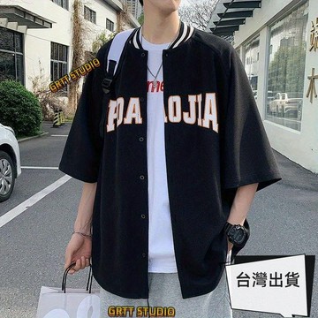 優選 大尺碼 棒球衣 短袖襯衫 短袖上衣 棒球領襯衫短袖男潮牌ins夏季2023新款華夫格襯衣外套痞帥潮上衣