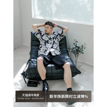 原創大碼花襯衫男加肥加大復古黑白短袖中性日系襯衫胖潮7689