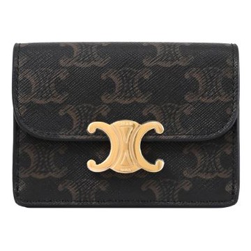 CELINE TRIOMPHE 品牌金屬LOGO印花皮革扣式零錢卡包(深咖)