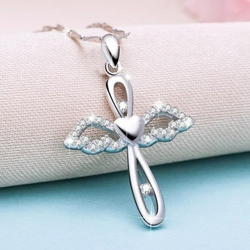 日韓925純銀簡約愛心形天使吊墜十字架項鏈 女鎖骨鏈情人節禮物
