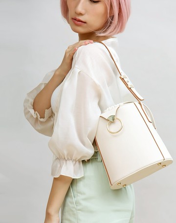 人氣王 素皮革包 Rachel 水桶包 長/短帶兩用 奶白色