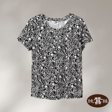 【岱妮蠶絲】純蠶絲42針110G女居家印花圓領短袖上衣-愛心禮物-深灰(VWL3A302)