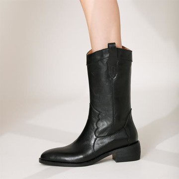 中筒靴子女2023新款網紅爆款尖頭粗跟美式西部風牛仔靴馬丁靴子女