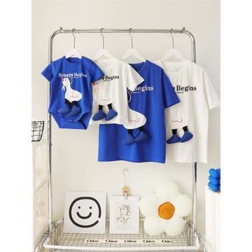 小月齡寶寶親子裝一家三口夏裝大白鵝短袖嬰兒百日母子母女全家裝