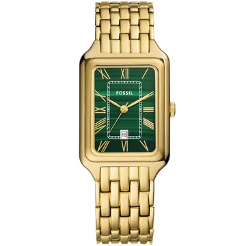 FOSSIL / ES5341 / 復古方形 羅馬刻度 小巧典雅 日期 不鏽鋼手錶 孔雀石綠x鍍金 26mm