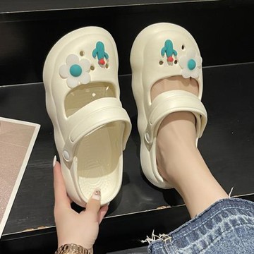 包頭洞洞鞋女夏季可愛花朵室內可外穿踩屎感厚底防滑瑪麗珍涼拖鞋