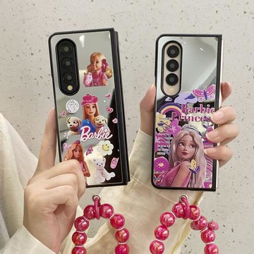 ins鏡面卡通芭比娃娃適用三星galaxyzfold5手機殼新款fold7補妝鏡面zfold3/4折疊屏殼w22三星折疊手鏈w23殼5G