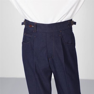 意式那不勒斯雙褶高腰直筒牛仔褲男潮流修身藍色廊爾格休閑褲子男