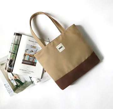 日系簡約拼色大容量肩背包  卡其+咖啡