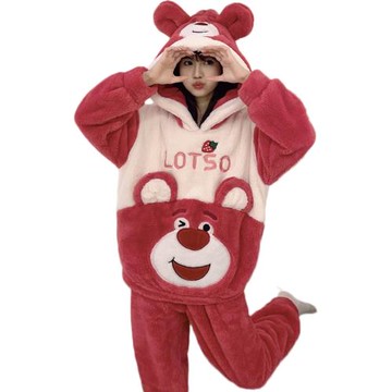 秋冬季加厚睡衣女士可愛卡通草莓熊珊瑚絨套裝新款網紅爆款家居服