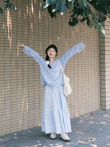 日系森林系  藍色蛋糕 半身裙 中長夏秋季 高腰 溫柔 小個子 顯瘦 長裙