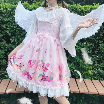 原創Lolita甜品草莓兔內搭洋裝雪紡姬袖上衣可愛一字領掛脖襯衫女