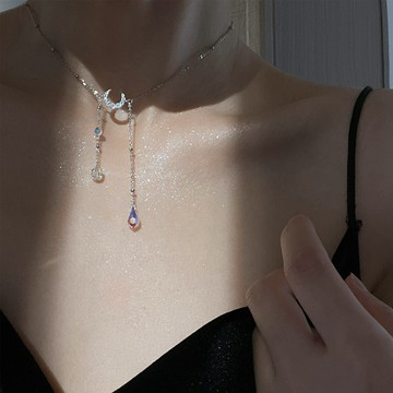 小寶s925純銀鋯石流蘇月亮項鏈女夏小眾設計感鎖骨鏈簡約百搭高級