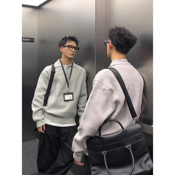 時尚潮流翻領長袖毛衣男秋冬新款休閒百搭寬鬆上衣男