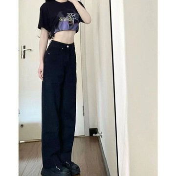8519 位回頭老客👍甜酷風辣妹穿搭BF黑色直筒牛仔褲女秋季新款潮inshiphop高街褲子OAFW