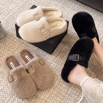 毛毛拖鞋．秋冬保暖毛毛一字釦平底穆勒鞋．白鳥麗子