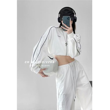 (免運)美式學院風辣妹立領拉鏈運動外套女2025春季新款字母刺繡邊條上衣