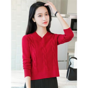 v領麻花短款毛衣女秋冬高腰套頭針織衫 小個子上衣加厚內搭打底衫
