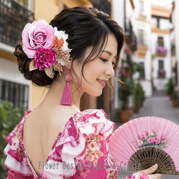 莫蘭迪粉玫瑰與玫瑰粉康乃馨的捧花髮飾｜適合佛朗明哥、舞蹈、派對、正式場合、和服