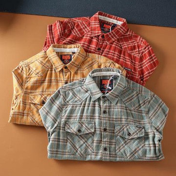 美式復古咔嘰全棉水洗磨毛格子長袖襯衫秋冬青年男士休閑襯衣外套