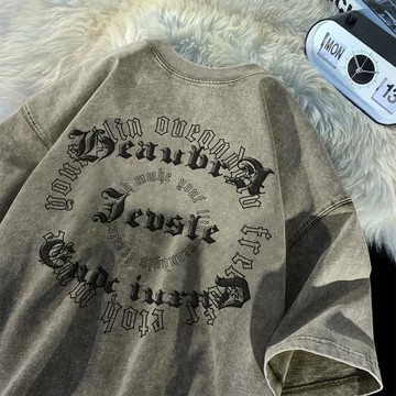 水洗做舊短袖t恤男夏季260g重磅潮牌純棉上衣美式復古痞帥七分袖