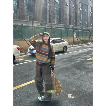 慵懶復古彩條紋毛衣女圓領秋冬長袖百搭鹽系針織套頭軟糯加厚上衣