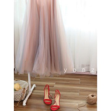 2025秋新長裙漸變色紗網a字裙高腰大裙擺顯瘦半身裙多層次仙女裙