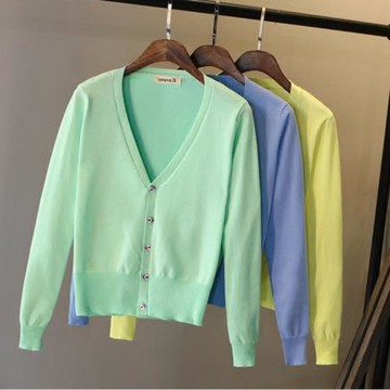 2024春秋新款長袖chic慵懶風短款V領百搭薄款針織開衫外套女上衣