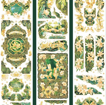 穆夏秋季花園 祖母綠復古圖樣 PET 紙膠帶 鐳射金 10米卷 台灣製