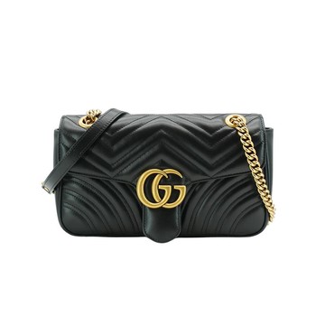 Gucci 展示品 Marmont 仿舊金雙G皮革斜背肩背包-26cm(443497-黑)